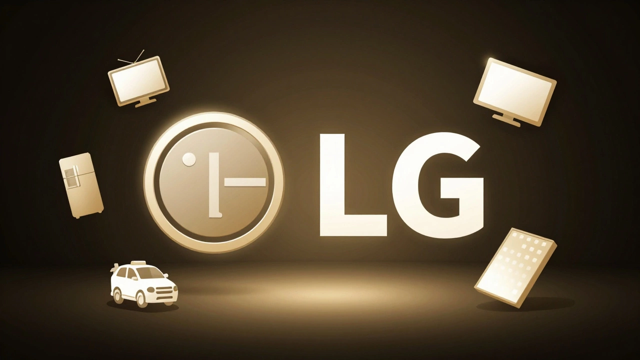 The LG logo transforming from 'Lucky-Goldstar' text into its modern form, surrounded by icons of TVs, appliances, and car batteries.