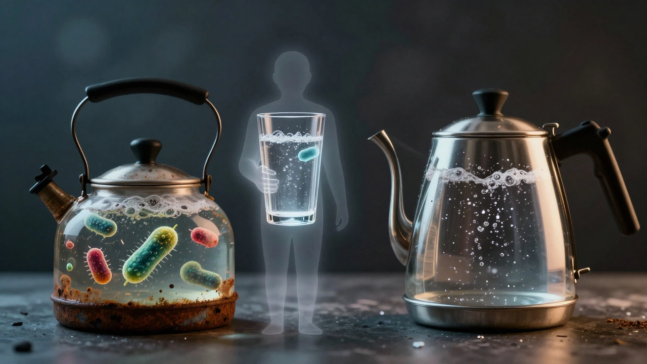 Transparent figure holding water, showing harmful bacteria in a rusty kettle versus clean water in a safe one.