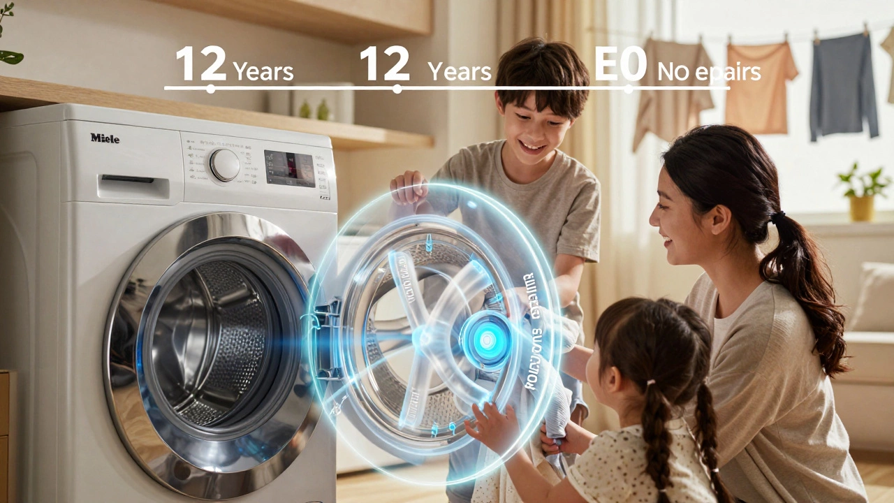 Transparent view of a 5-star washer's internal components with a timeline showing long-term reliability.