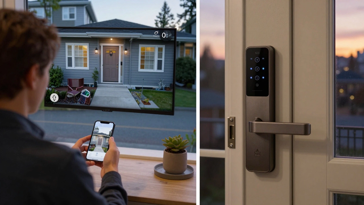A homeowner viewing their front door camera on a phone while the smart lock and porch light activate automatically.