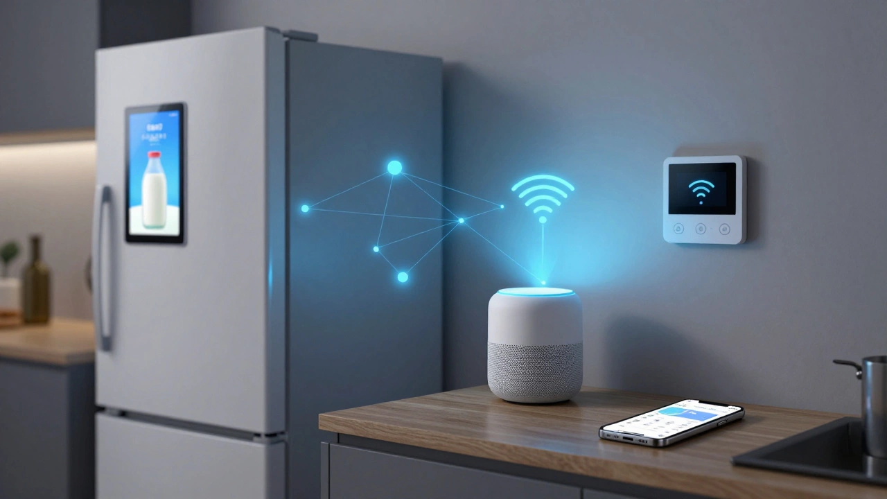 A kitchen with smart devices connected via Wi-Fi, displaying reminders and voice responses in a modern home.
