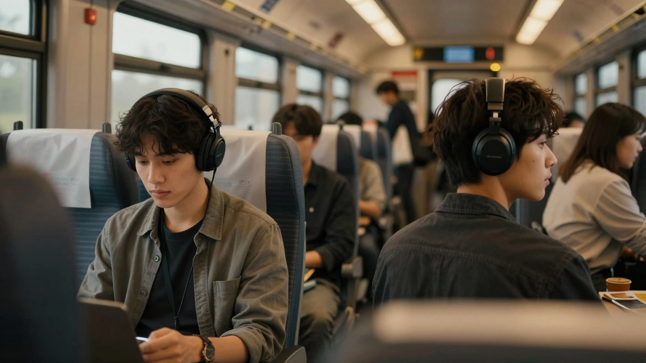 A person isolated in a busy workspace while wearing noise-cancelling headphones.