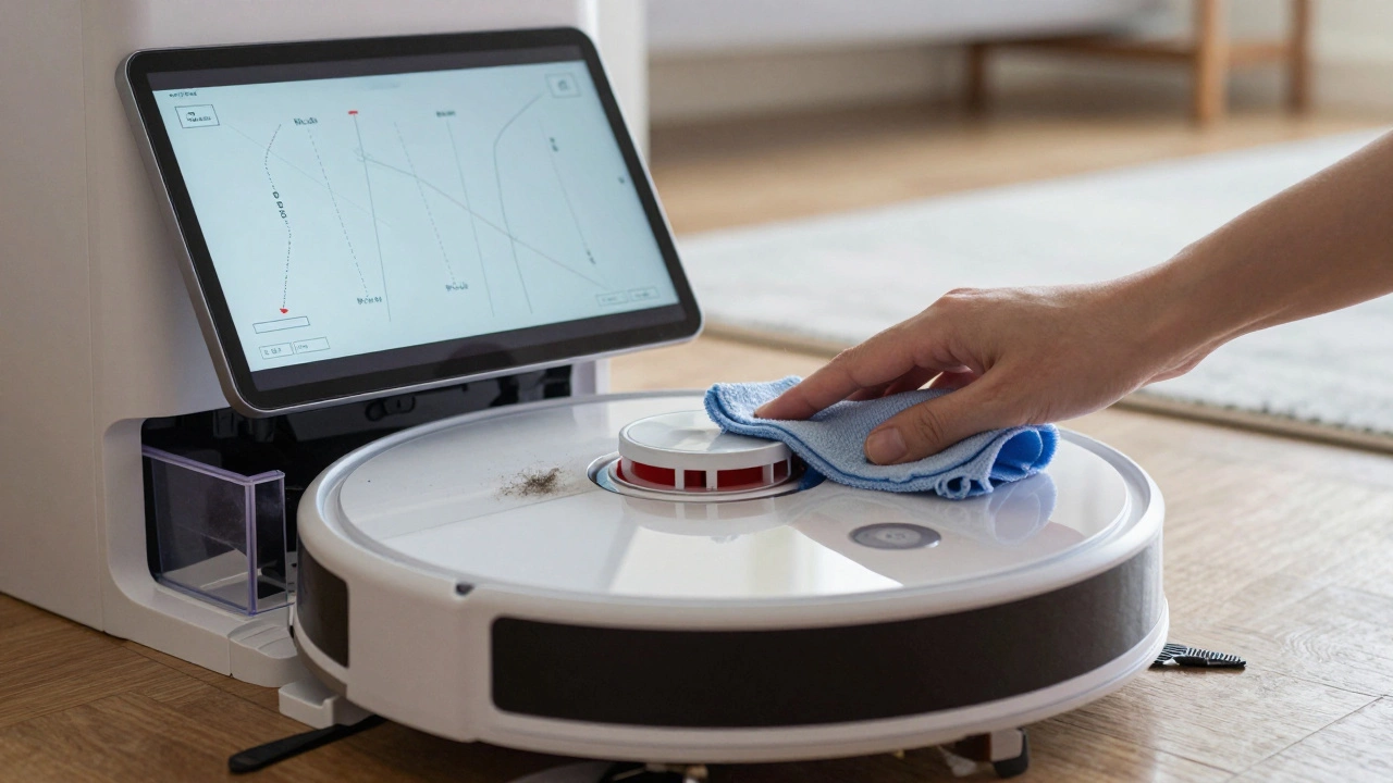 A robot vacuum docked at its self-emptying base, with a hand cleaning its sensors.