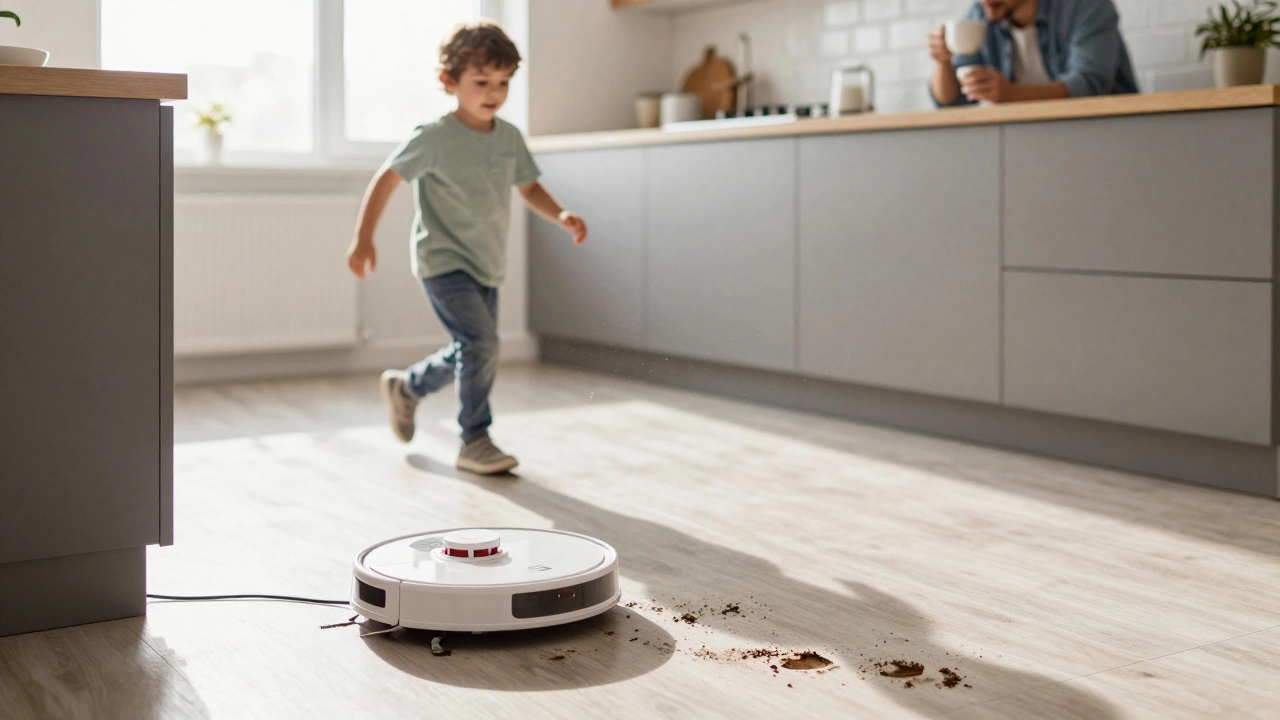 A robot vacuum navigating around a charging cable while a child runs past in a sunlit kitchen.