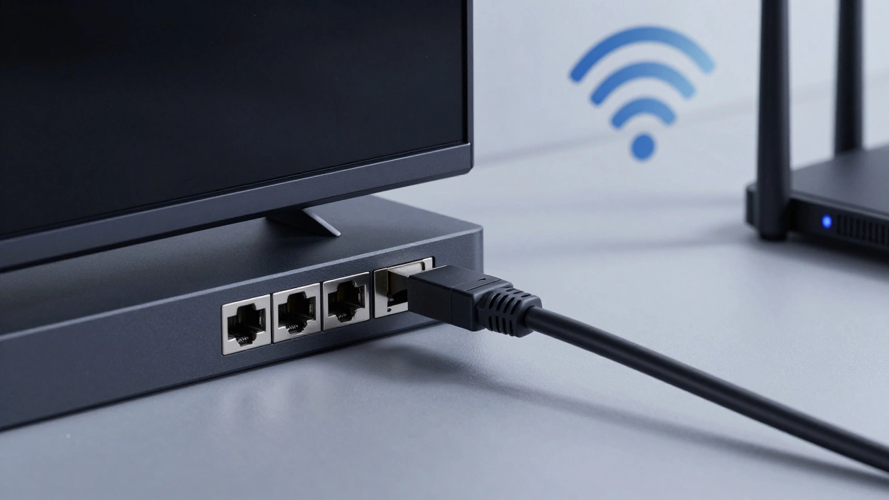 An Ethernet cable connecting a smart TV to a router, with glowing activity lights on the router, shown in close-up detail.