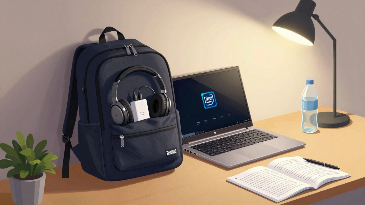 Backpack with a 2023 Lenovo ThinkPad, headphones, and lecture notes leaning against a dorm wall.