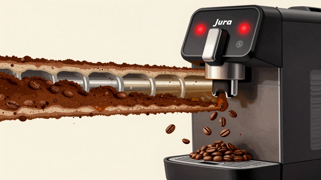 Cross-section of JURA brew group blocked by sticky residue and fine coffee powder.