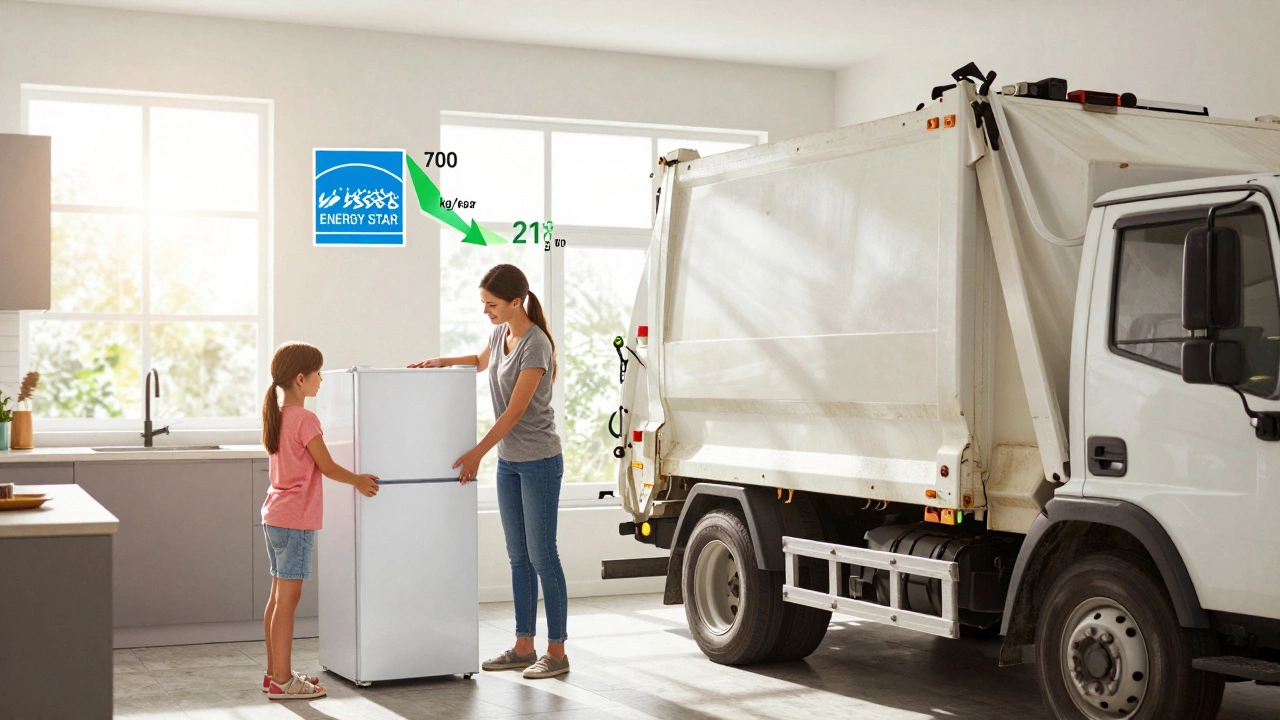 Family replacing an old fridge with a new ENERGY STAR-certified model as the old one is recycled.