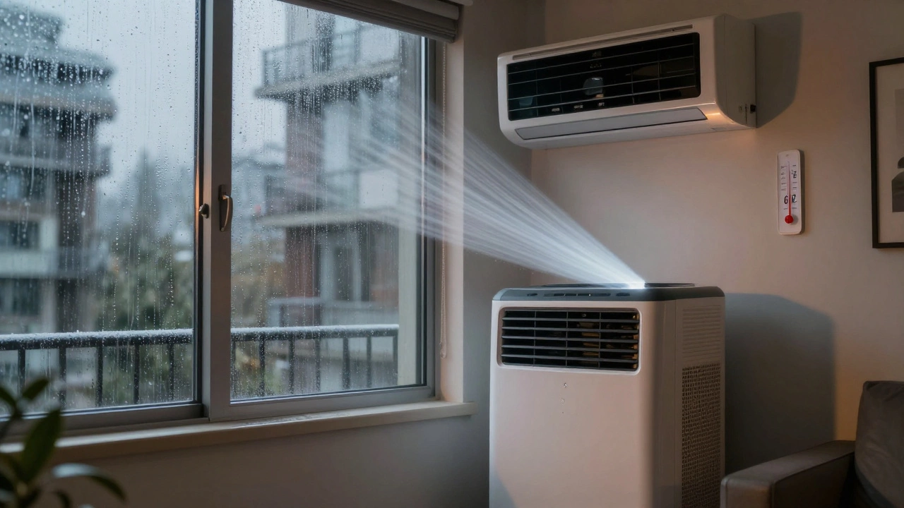 Humid apartment with portable AC struggling to reach set temperature in high humidity.