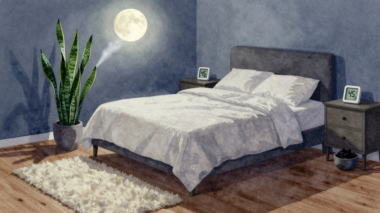 Nighttime bedroom with snake plant, wool rug, and activated charcoal, peaceful and clean air atmosphere.