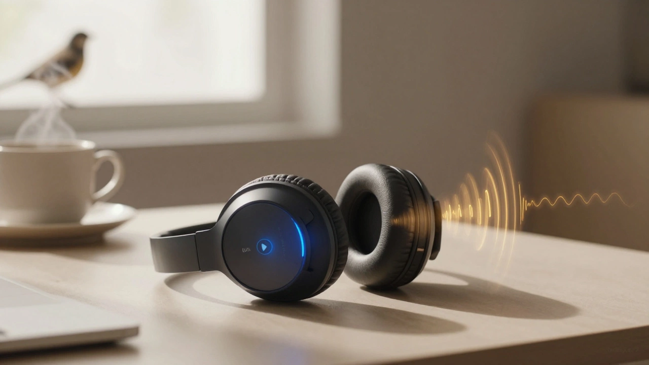 Noise cancelling headphones on a desk, one side in active cancellation mode, the other in transparency mode with ambient sounds entering gently.