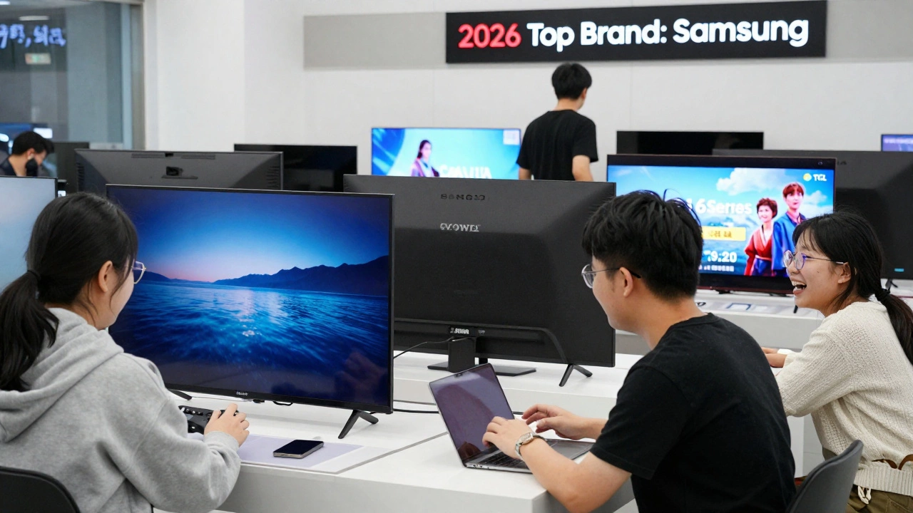 People in an electronics store interacting with Samsung, Sony, and TCL TVs, highlighting different user needs and preferences.