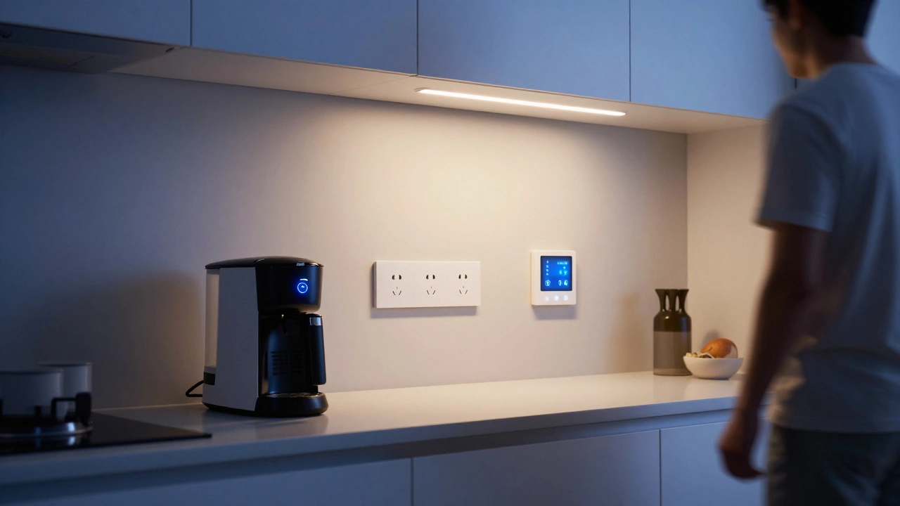 Smart devices automating tasks in a kitchen at dawn, with lights turning on and a coffee maker starting.