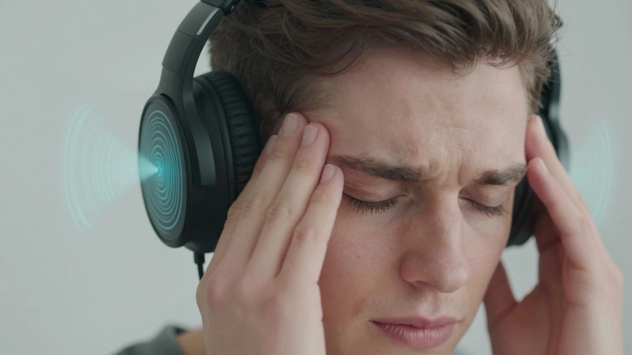 Someone experiencing ear pressure and dizziness from noise-cancelling headphones.