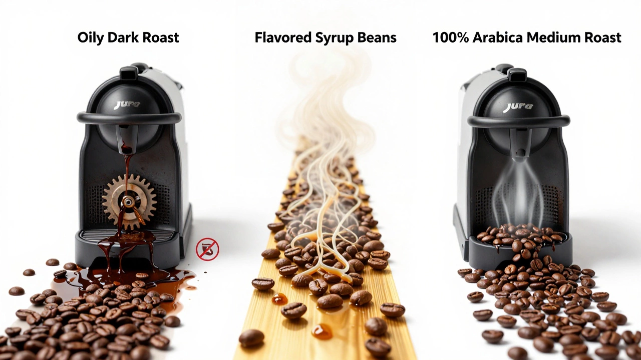 Three paths of coffee beans leading to a machine, showing safe vs. damaging types.