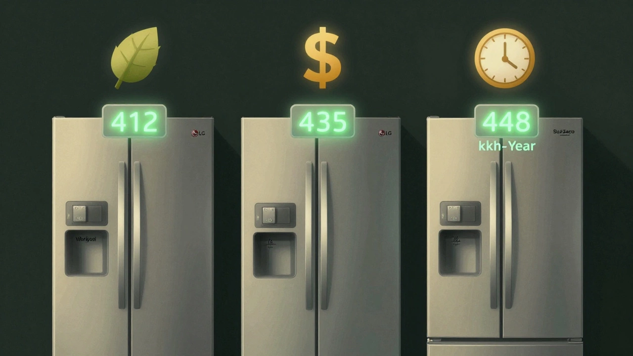 Three refrigerator models compared with energy use meters showing annual kWh consumption.