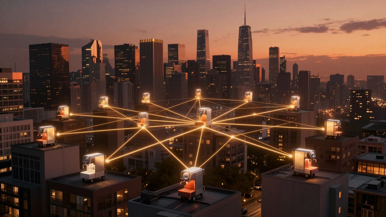 A city skyline with glowing coffee machines connected by golden lines representing profit networks.