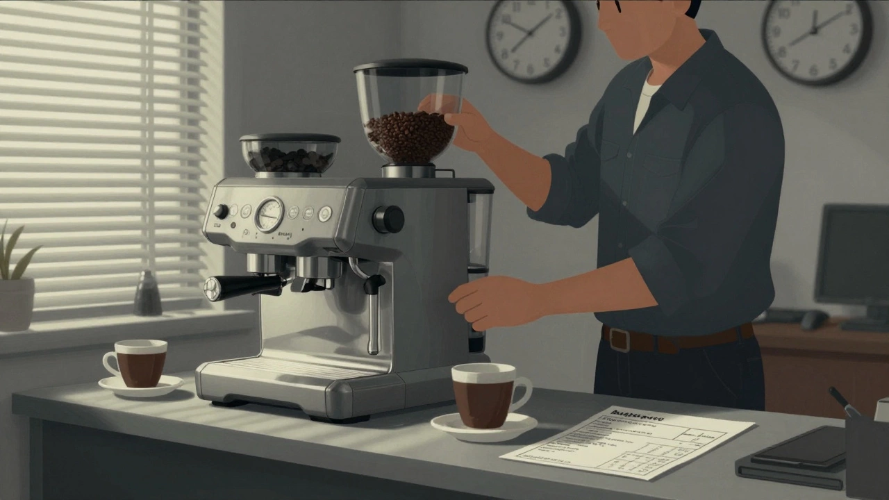 A coffee machine being serviced in a quiet office with sunlight streaming through blinds.