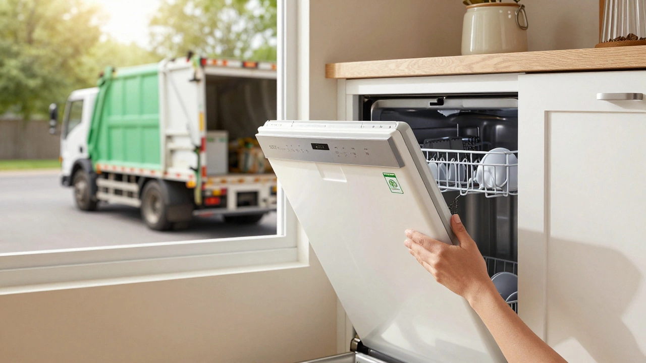 A new dishwasher being installed as the old one is removed by a recycling truck.