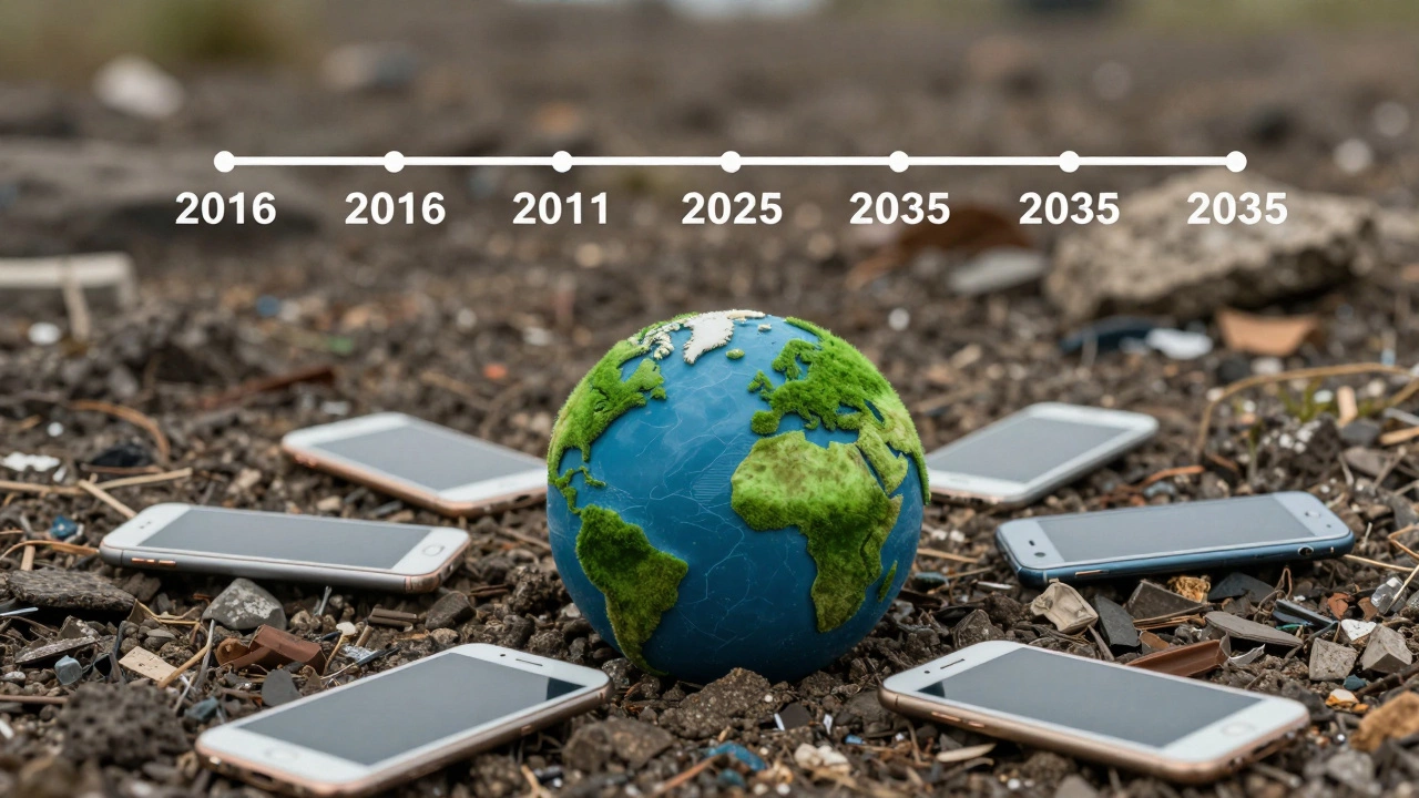 A single durable phone beside a landfill of discarded phones, symbolizing sustainable technology.