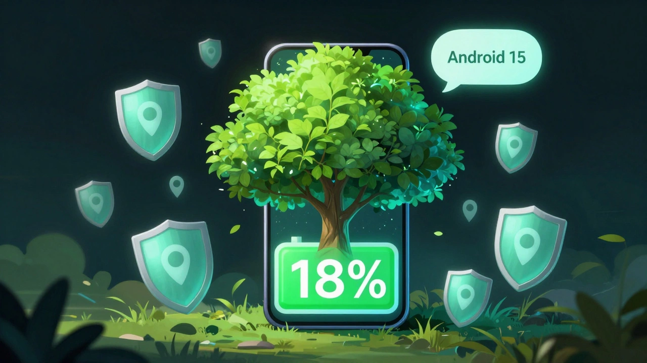 Battery icon morphing into a tree, surrounded by privacy shields blocking location access, symbolizing Android 15 efficiency.