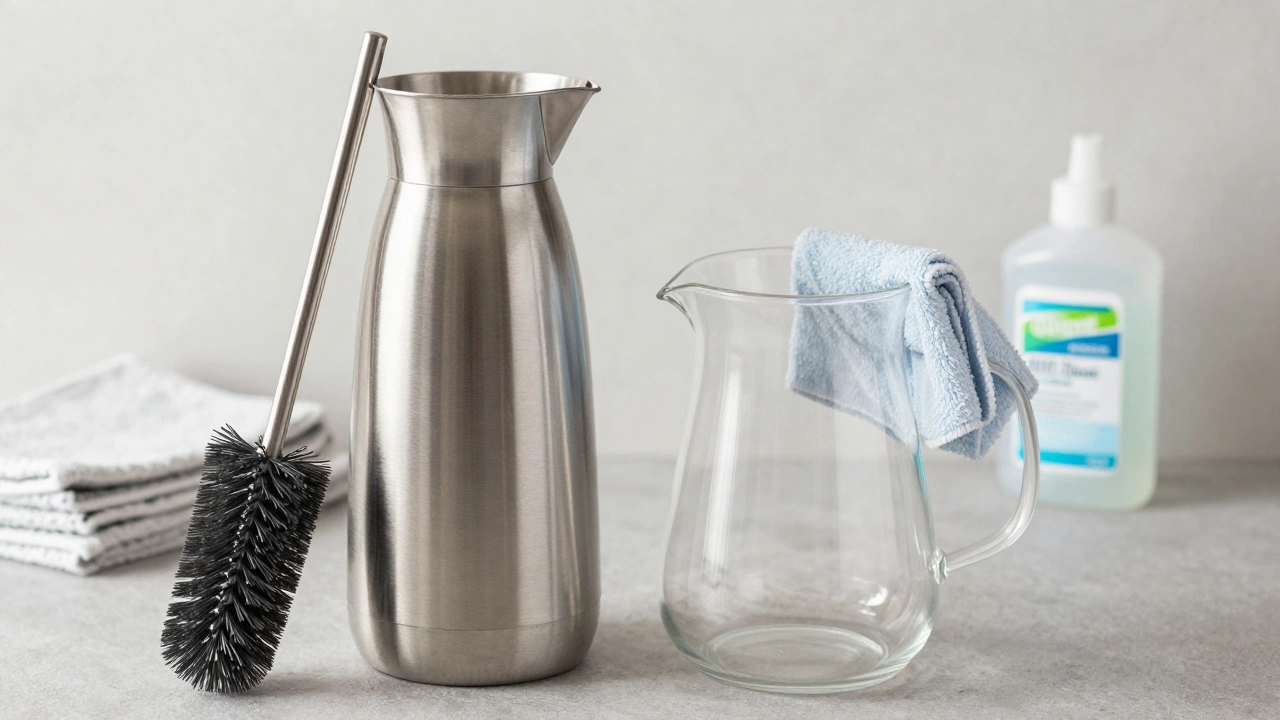 Cleaning brush next to a thermal carafe and glass pot for maintenance.