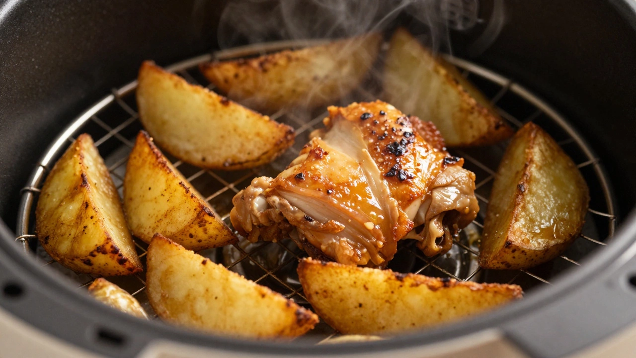 Close-up macro shot of golden crispy chicken legs sizzling inside a non-stick air fryer basket.