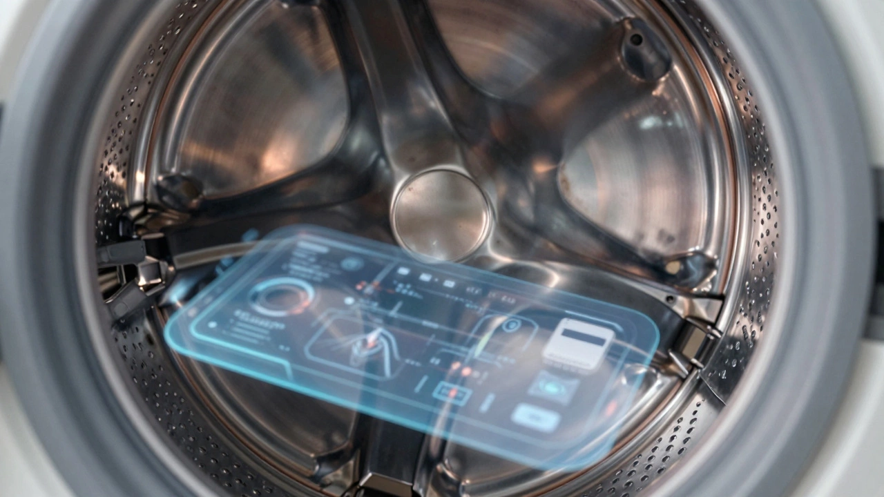 Close-up of stainless steel washer drum with digital connectivity symbols.