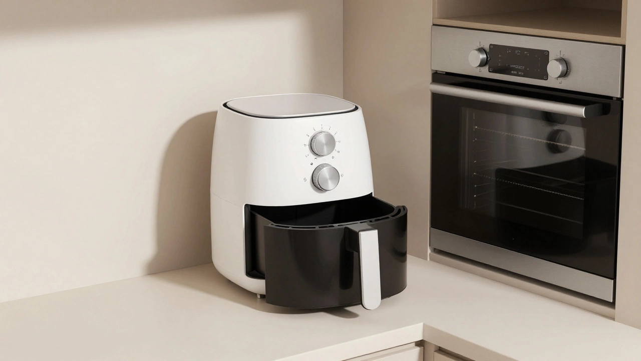 Compact air fryer placed on a narrow kitchen shelf next to a large built-in wall oven for comparison.