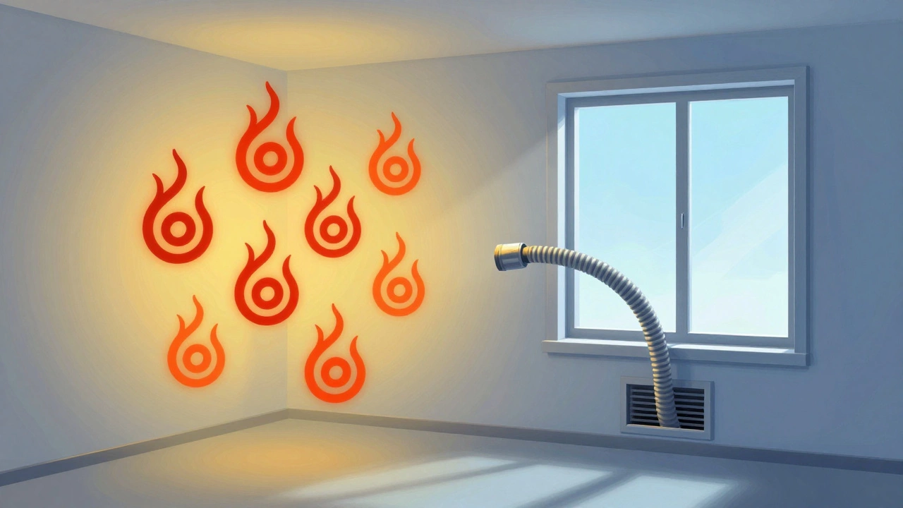 Conceptual split image showing trapped heat inside a room versus proper venting through a window hose.