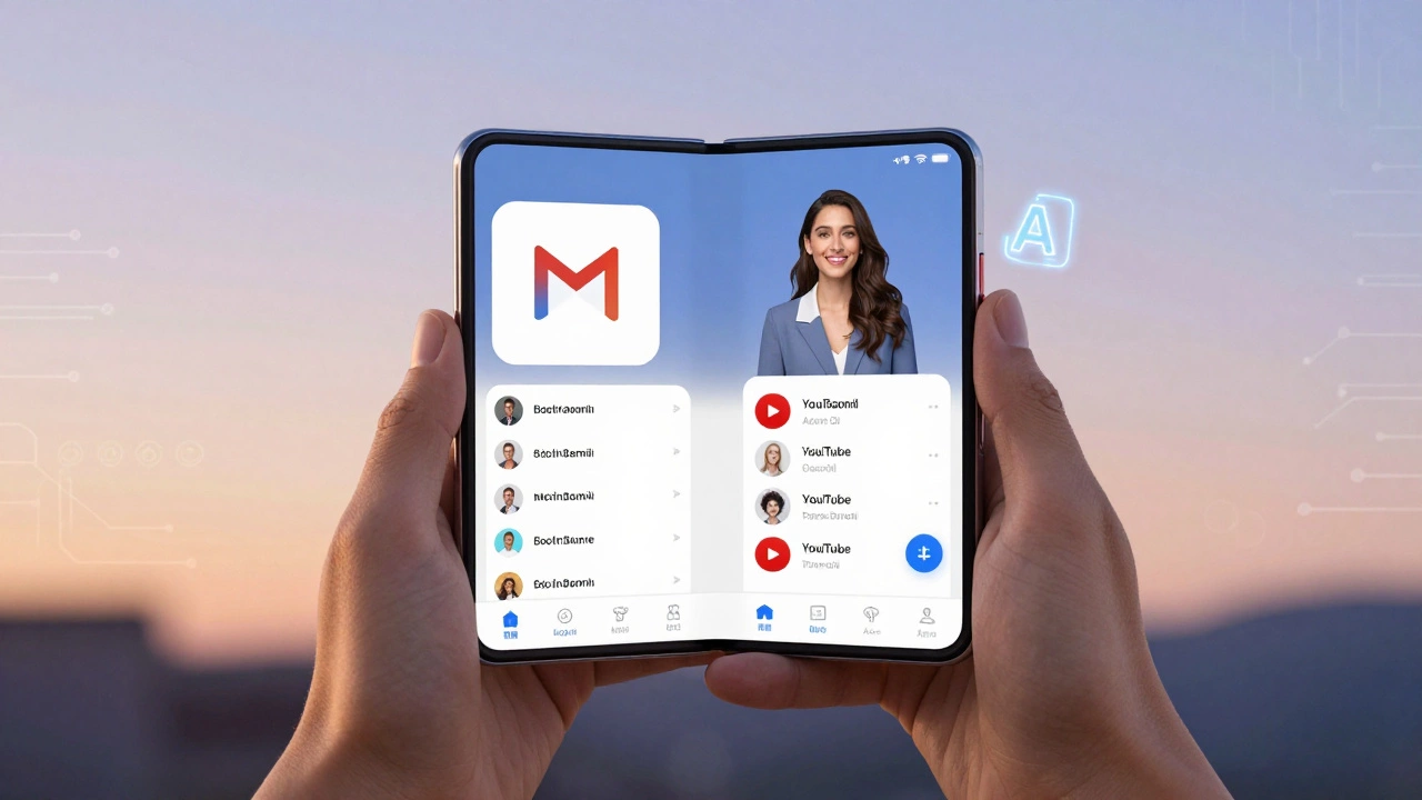 Foldable smartphone displaying auto-adjusting apps across its hinge with subtle AI indicators glowing nearby.