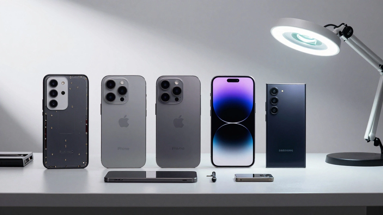 Four long-lasting phones displayed in a repair workshop with modular and repairable parts visible.