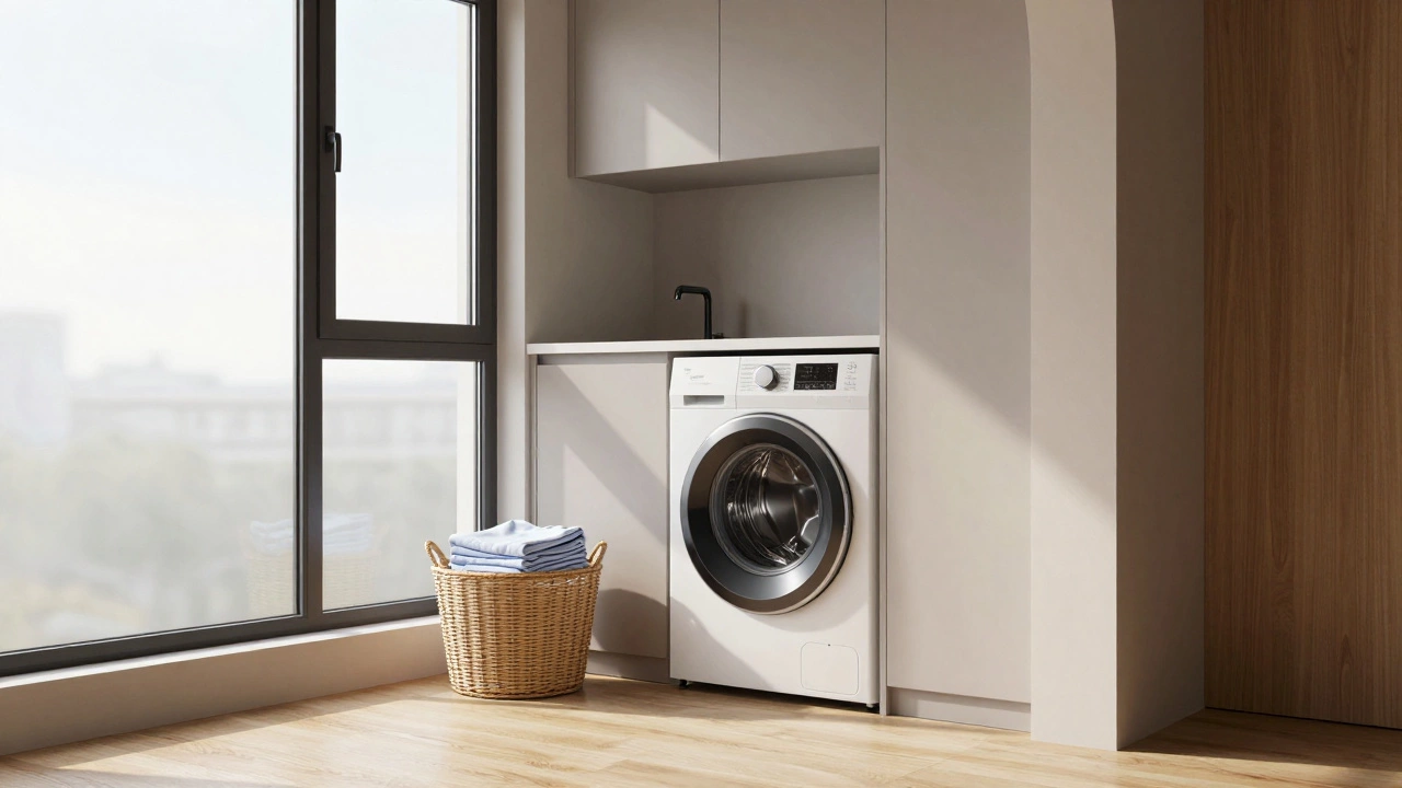 Modern laundry room with integrated washing machine and natural light.
