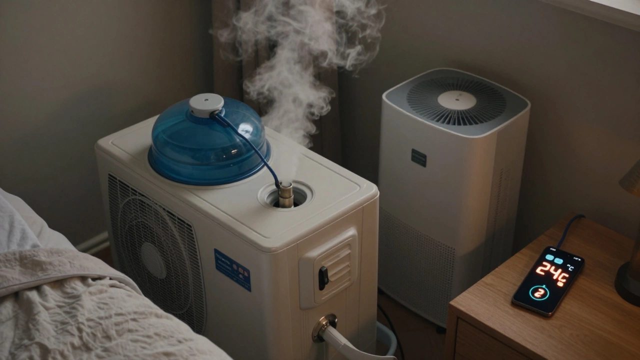 Overhead view of a portable AC with full water tank beside a dehumidifier and ceiling fan, smartphone showing 24°C timer setting.