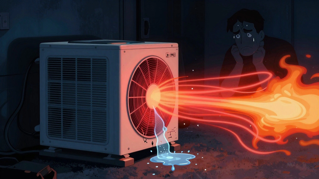 Overheating portable AC unit dripping condensation, with glowing heat waves and a frustrated person nearby.