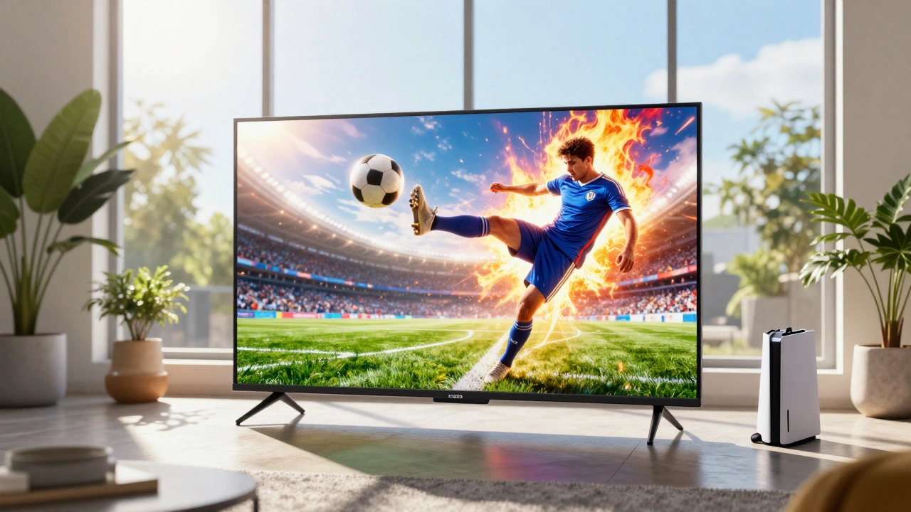 QLED TV showing a bright sports scene in a sunlit living room with no color washout.