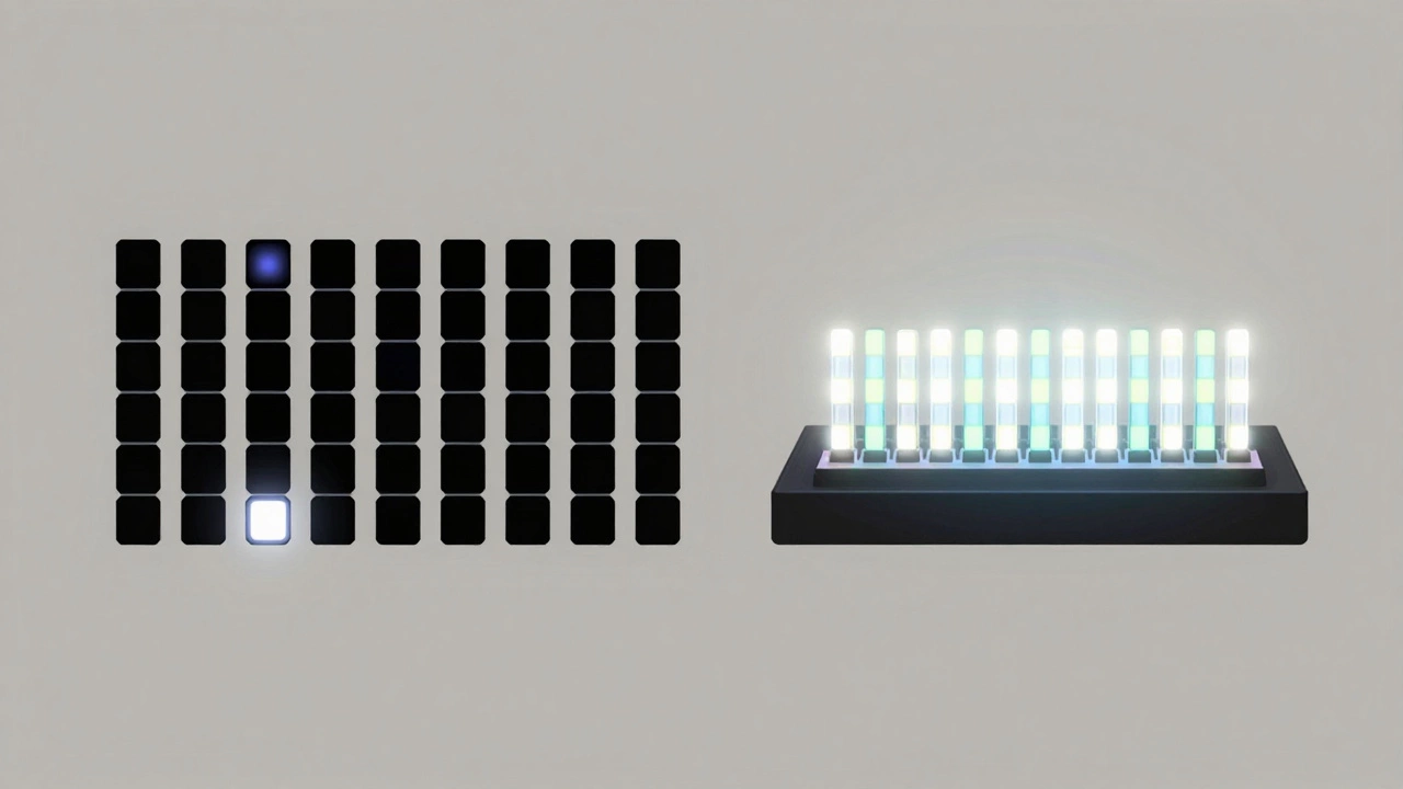 Side-by-side technical diagram of OLED pixel emission versus QLED backlight with quantum dots.