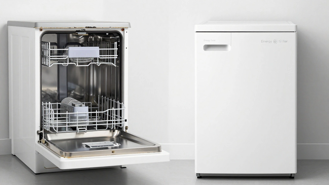 Side-by-side view of an old, faulty dishwasher and a modern quiet energy-efficient model.