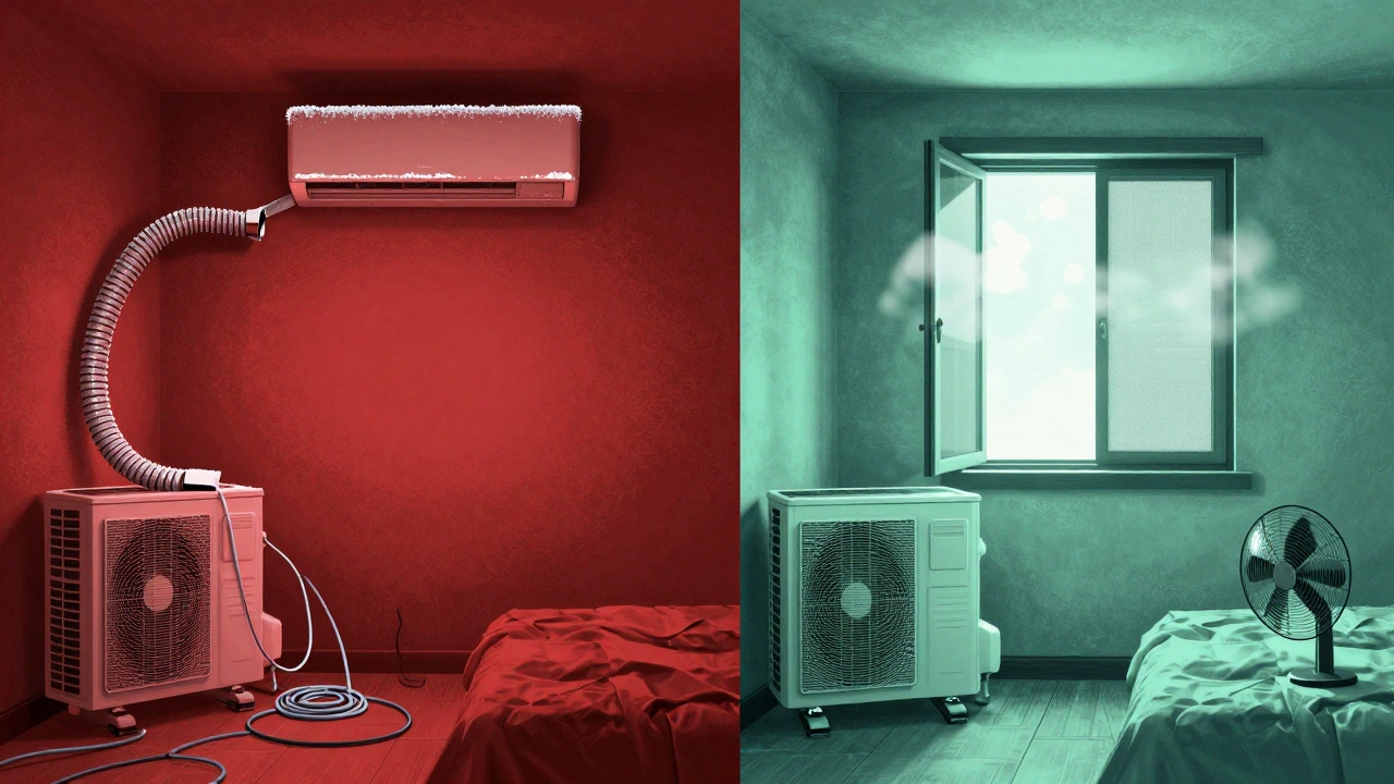Split-screen comparison: left shows faulty AC setup with frost and kinked hose, right shows optimal cooling with open window and fan.