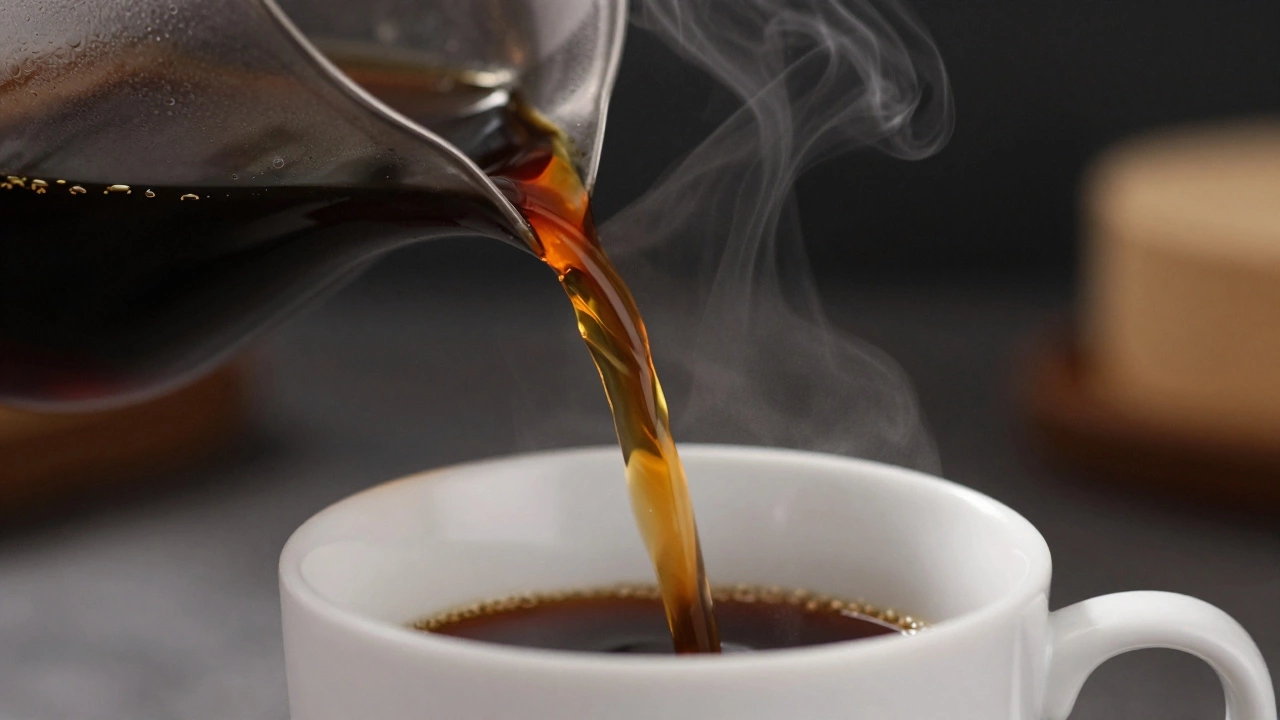 Steaming hot coffee being poured from a thermal carafe into a mug.