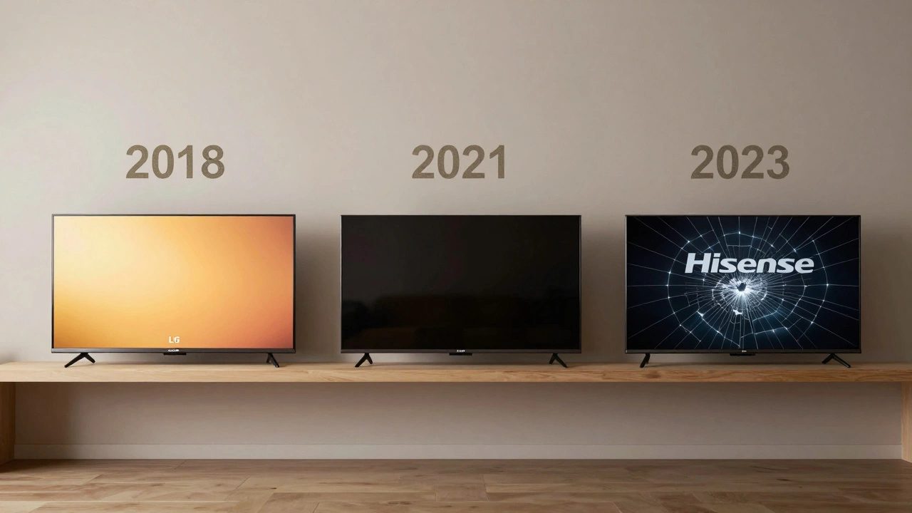 Three TVs on a shelf labeled by year: an LG still working perfectly, a Samsung with dimmed screen, and a Hisense with backlight failure.