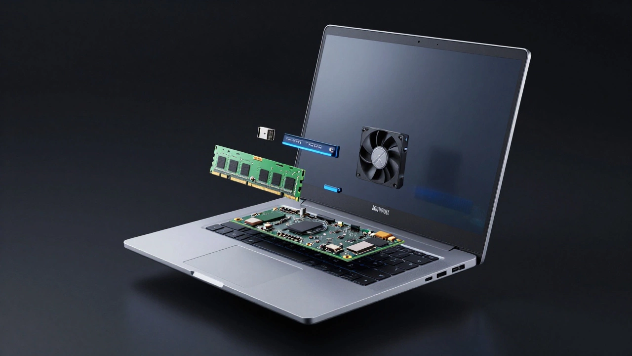3D exploded view of a modular laptop with replaceable internal components