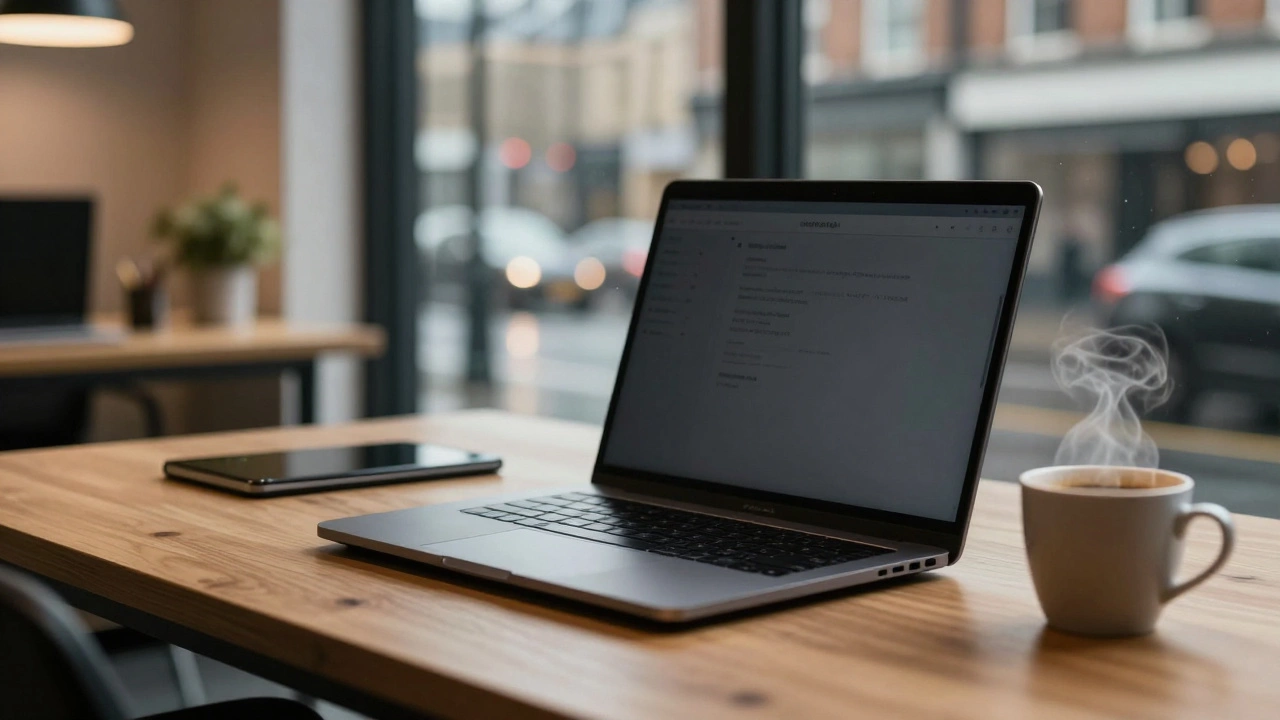 A durable black business laptop on a wooden desk in a professional office