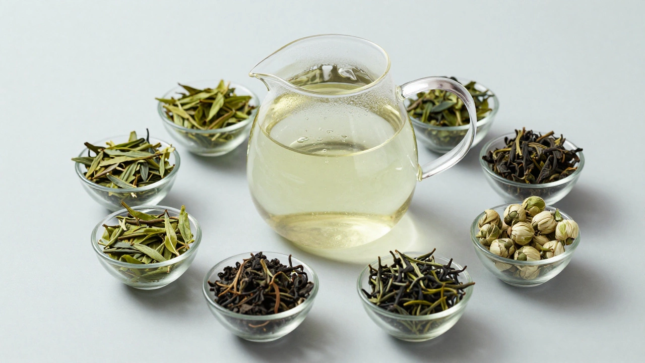 A glass electric kettle surrounded by various specialty tea leaves.