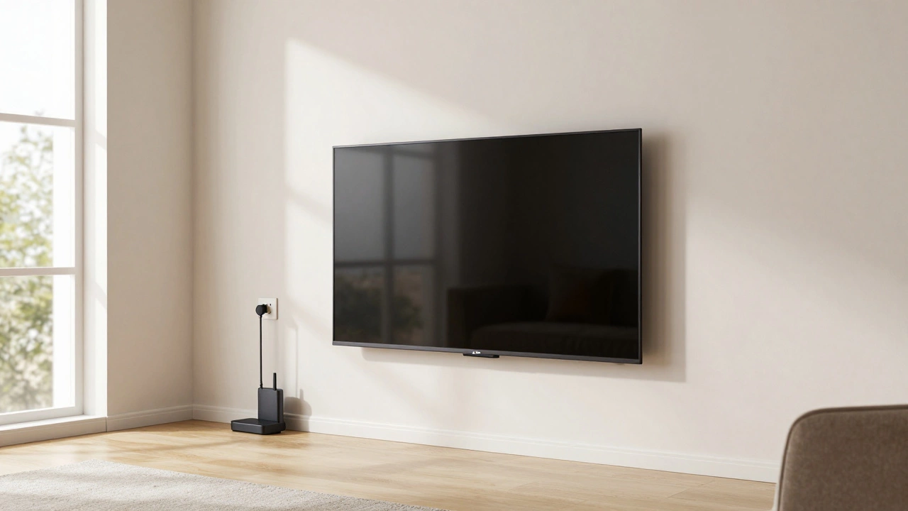 A TV correctly mounted with proper ventilation and a surge protector in a living room.