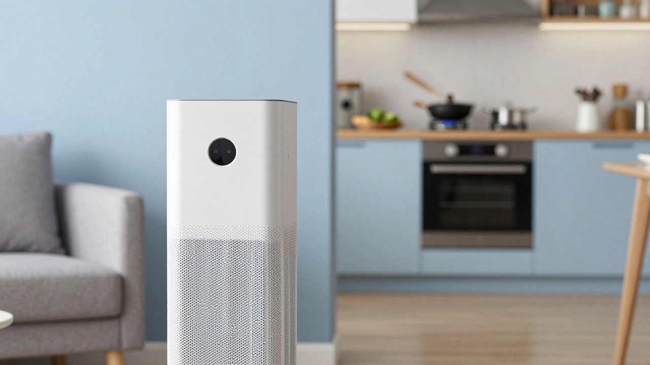 Air purifier in a living room filtering air coming from a nearby kitchen