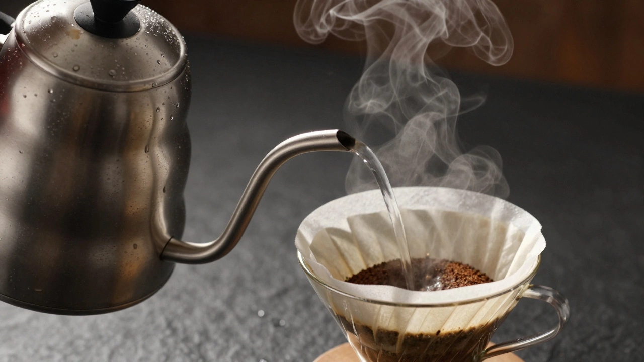 Close-up of a gooseneck kettle pouring water precisely for pour-over coffee.