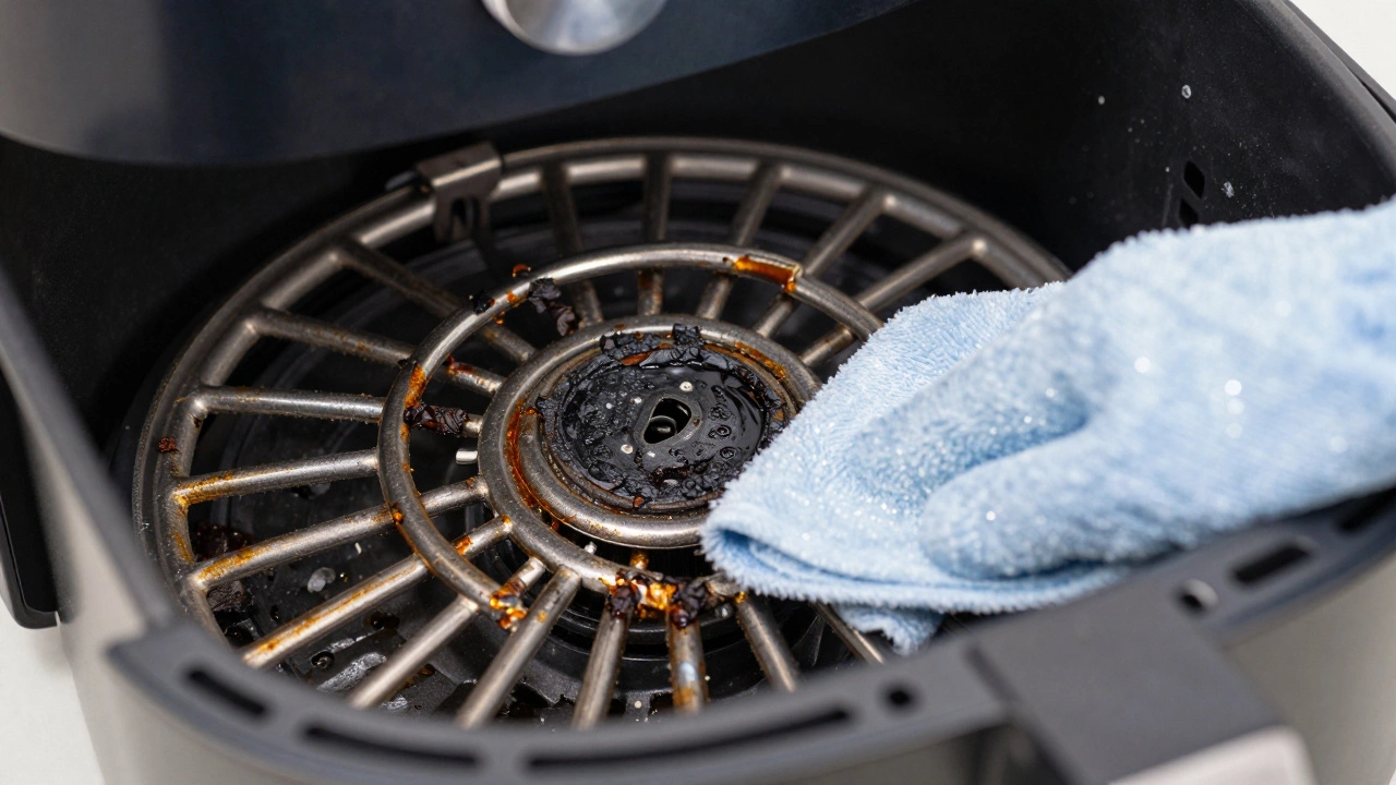 Close-up of a heating element in an air fryer being cleaned with a cloth