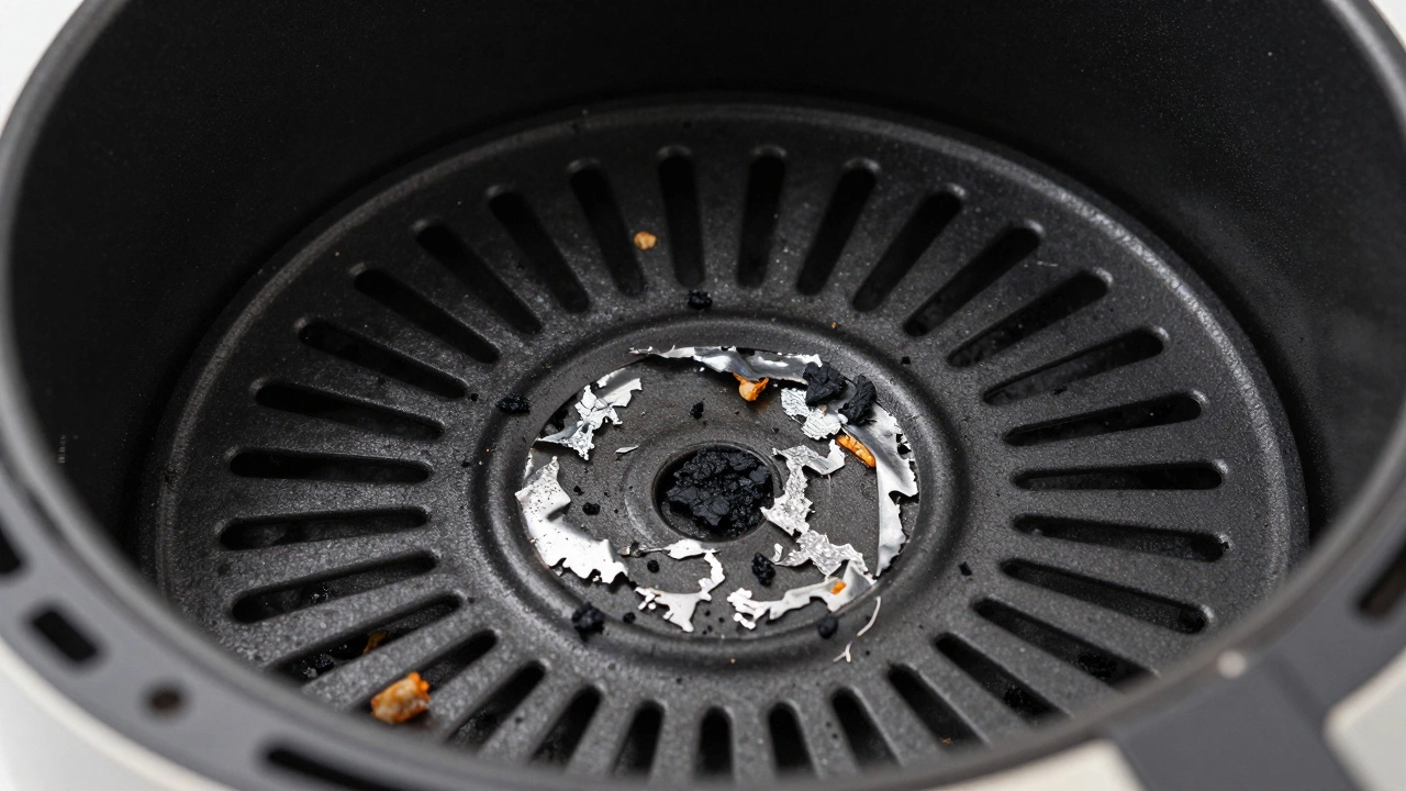 Close-up of a peeling and flaking non-stick coating inside an air fryer basket.
