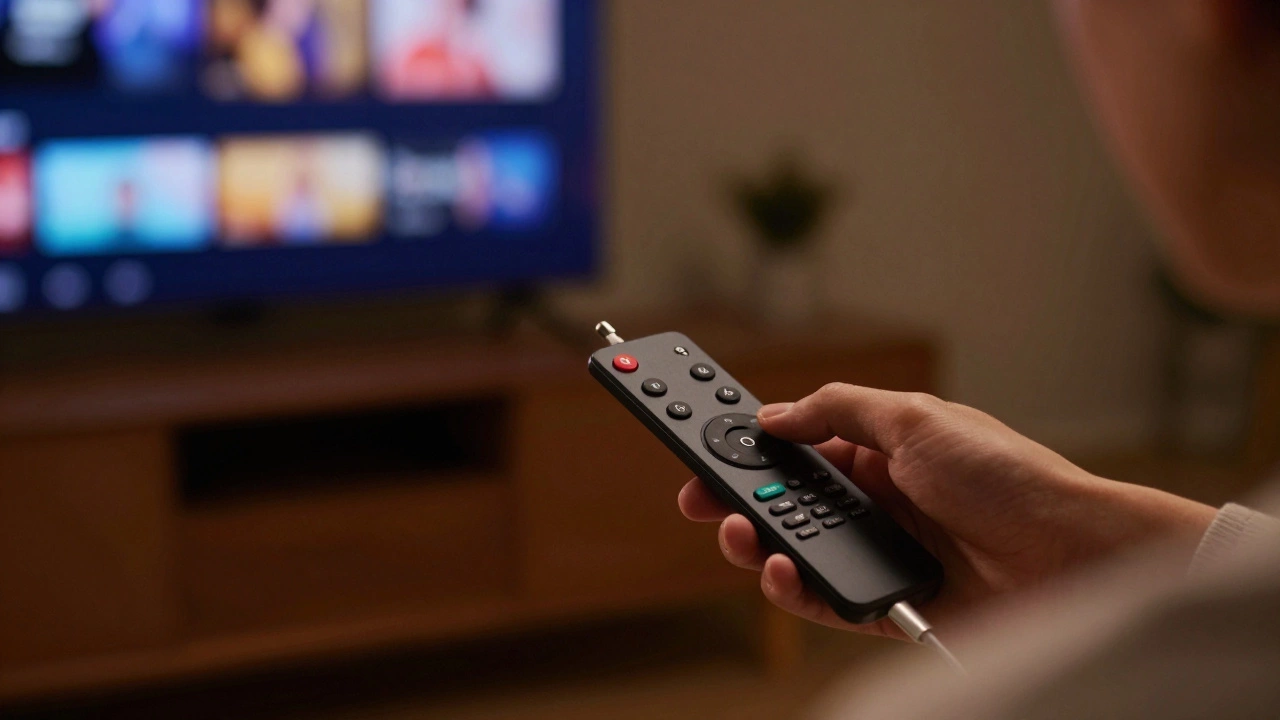 Close-up of a Roku remote with earbuds plugged into the headphone jack in a dim room.